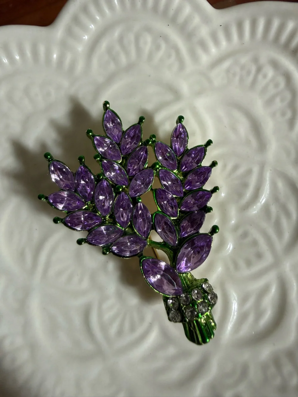 purple lavender bouquet brooch adorned sparkling crystal rhinestones green stems
